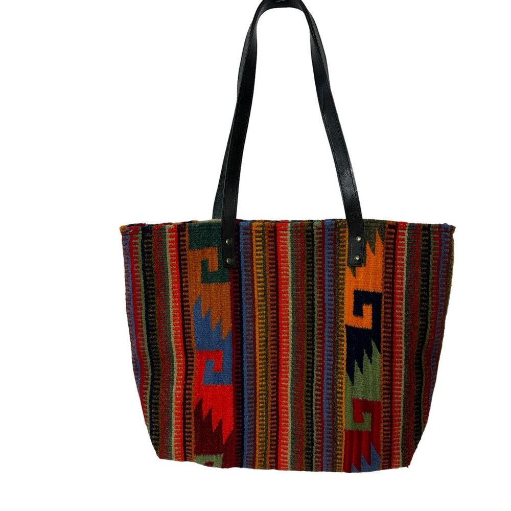 Southwestern Blanket Tote Bag Aztec Woven Rug Saddle Vegan Leather Straps
